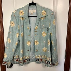 Doncaster 100% Linen Button Down Sports Blazer Jacket Women Size 12 Aqua Aztec‌